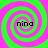 Four identical spiral patterns in green and pink with the text 'nina' at their centers, arranged in a on a solid background
