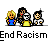 Pixel art animation of four characters with speech bubbles over a gray background, displaying text changes across frames.