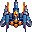 Pixel art of a symmetrical spaceship with blue, gray, orange, and white colors; central section has yellow-orange circular elements.