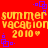 Red background with yellow text reading 'summer summer vacation vacation 2010' and purple square patterns, repeated in a