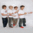 Four pixelated figures in white shirts and dark pants stand side-by-side with arms linked, one figure extending an arm outward.