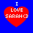 Four red heart-shaped icons with white text "I LOVE SARAH<3" on a blue background, each showing slight variations in pixelation and alignment.