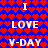 Blue background with red heart pattern, white text 'I LOVE V-DAY' repeated in