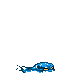 Blue pixelated jelly-like creature slides across gray background, changing shape and orientation in