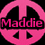 A pink peace symbol with black triangular cutouts on a black background, overlaid by the word 'Maddie' in bold magenta text.