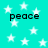 Cyan background with white stars and four instances of the word 'peace' in black pixelated text.
