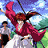 Pixelated anime-style character in red outfit with flowing hair, arm raised holding a sword-like object against blue sky background.