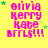 Yellow background with pink text reading 'olivia kerry kate bffls!!!' and green stars, showing animation changes in star positions across frames.