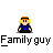 Pixel art character icons with speech bubbles and text labels, featuring a blonde-haired figure in blue shirt and orange cap