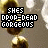 Pixelated animated icon with four identical showing a golden-brown object and text reading "SHES DROP-DEAD GORGEOUS" in black block letters