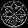Six circular icons arranged in two of three, each featuring a symmetrical star-like symbol with intersecting lines and small shapes on black background