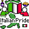 Pixel art contact sheet showing two identical animated frames of an Italian-themed buddy icon with repeated elements and text.