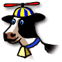 Cartoon cow head with blue-yellow striped hat, red propeller, blue collar, yellow bell, brown nose, blue eyes, black-and-white face, smiling expression.