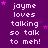 Purple background with repeated white pixel text 'jayme loves talking so talk to meh!' and scattered pink stars.