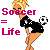 Pixelated static icon showing a stick figure kicking a soccer ball with text reading "Soccer = Life" in pink and purple lettering.