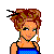 Pixel art icon featuring a woman with brown hair in an updo, blue top, and earrings; lower section displays text 'Forget pink! I'm Pretty in Blue!' on black background.