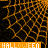 orange and black pixelated spiderweb patterns with 'HALLOWEEN' text banners in white on orange bars, some frames showing partial gray overlays