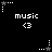 Black background with white pixelated text and symbols; three of 'music' text above heart symbols, stars in corners, and dotted lines connecting elements