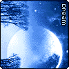 Blue-toned animated scene with a large moon, tree silhouettes, and shifting star patterns, featuring vertical text on the right side.