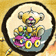 A cartoon teddy bear in a pink go-kart with yellow wheels, displayed within circular frames on a beige background.