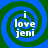 Four identical spiral patterns with blue and green concentric circles, each containing white text reading 'i love jeni' in a pixelated font.