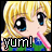 A 3x2 contact sheet of five animated frames showing a chibi-style anime character with blonde hair and blue eyes eating from a pink straw, each frame displaying the text "yum!" in varying color schemes.