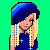 Pixel art of a cartoon doll with blue crop top, blue pants, blue beret, and blonde braided hair against green background with text elements.
