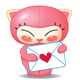 Pink cartoon cat with closed eyes and red cheeks holds a white envelope with a red heart, standing on a gray background.