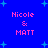 Blue background with cyan star shapes and pink text reading "Nicole & MATT" in four identical arrangements.