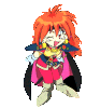 Pixelated character with orange hair, pink outfit, and black cape in three poses showing hand movements.
