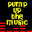Yellow text 'PUMP UP THE MUSIC' appears in four identical with red audio equalizer bars on black background, each showing different bar heights