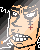 Pixelated character face with stitched scar, cigarette in mouth, and checkered shoulder pattern against gradient background.
