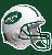 Pixelated football helmet with white shell, green accents, and a circular logo on the side against dark green background.