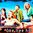 Four pixelated figures in a row against a blue sky background, with one figure holding a white object.