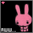 Pink pixelated bunny with black eyes and a small mouth, standing against a black background with 'AWW...' text below.