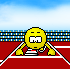 Yellow cartoon character in running stance on red track with white lines, blue sky background, holding silver object and striped shoes.