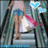 Pixelated image split into two sections: left shows a person in blue shorts and white top holding a red bag on stairs, right displays "<3 eat sleep shop" on bright pink background.