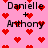 Pixelated pink background with red heart symbols and black text reading "Danielle + Anthony" in multiple positions.