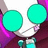 Pixelated character with large cyan eyes and white face, wearing purple clothing, holding a cyan object against black background with orange text.