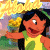 Pixelated cartoon character with dark hair, orange skin, and a yellow-green top, extending an arm toward the viewer against a bright, blurred background.