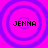Four identical circular icons with concentric purple rings on a bright pink background, each displaying the text 'JENNA' in black pixelated font.