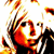 A pixelated figure with a white face and black eyes holds a black object while surrounded by orange and yellow flame-like shapes against a white background.
