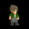 Pixel art character with spiky brown hair in green shirt and gray pants, shown in multiple poses including standing, crouching, and performing a fiery attack animation.