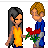 Pixel art of a woman in yellow top and blue pants receiving red roses from a man in blue shirt, with text 'true love' and 'never ends' on black background.
