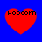 Four red heart shapes on a blue background, each containing the text "Popcorn" in black pixelated font.