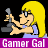 Pixelated cartoon character with long yellow hair and glasses holds a gray game controller, wearing light blue shirt against black background.