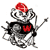 Pixelated character with red cap and chest emblem holding a long staff, standing against white background.