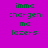 Pixelated green text reads 'imma chargen ma lazers' on four distinct solid-colored backgrounds in a
