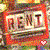 A red rectangular sign with 'RENT' in large white letters, surrounded by a colorful pixelated background and small heart symbols.
