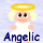 Pixelated angel figure with yellow halo, blonde hair, white robe, and pink cheeks; two variations show different facial expressions and text below.